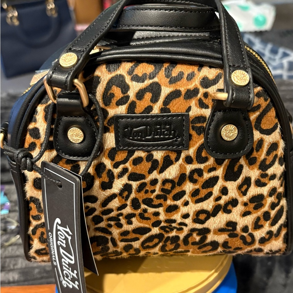 Von Dutch Black and Brown Leopard Mini Bag
